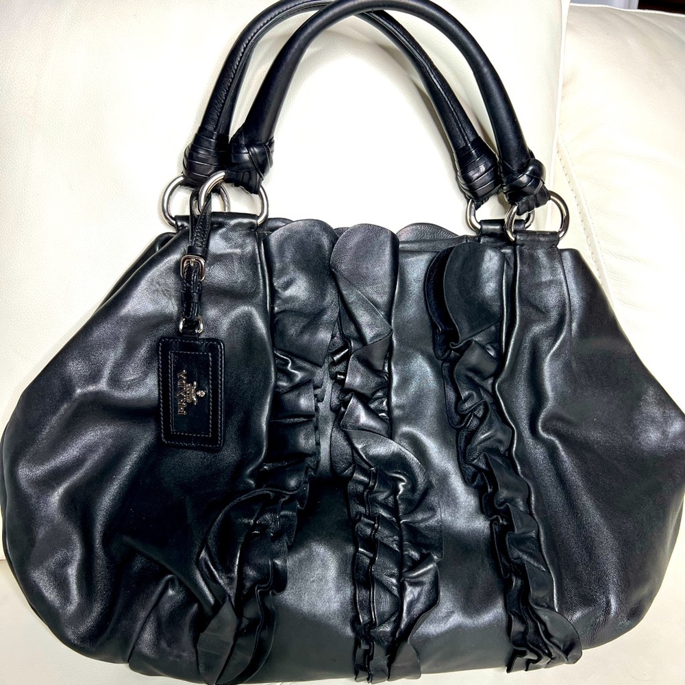 Authentic Prada Ruffle Black Leather Shoulder Bag